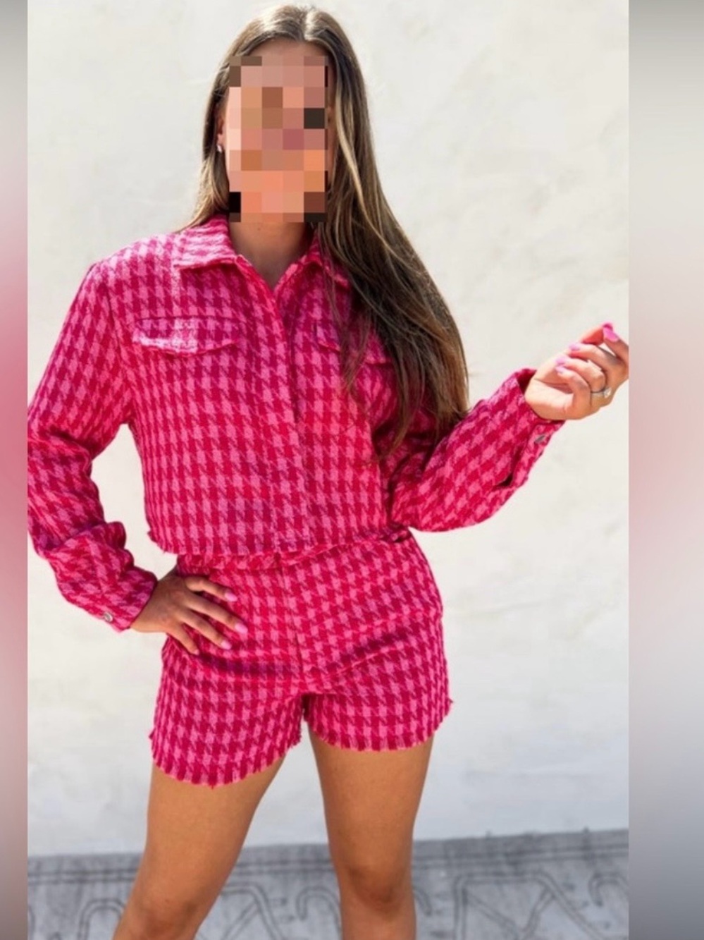 Hot Pink Houndstooth Two-Piece Set by